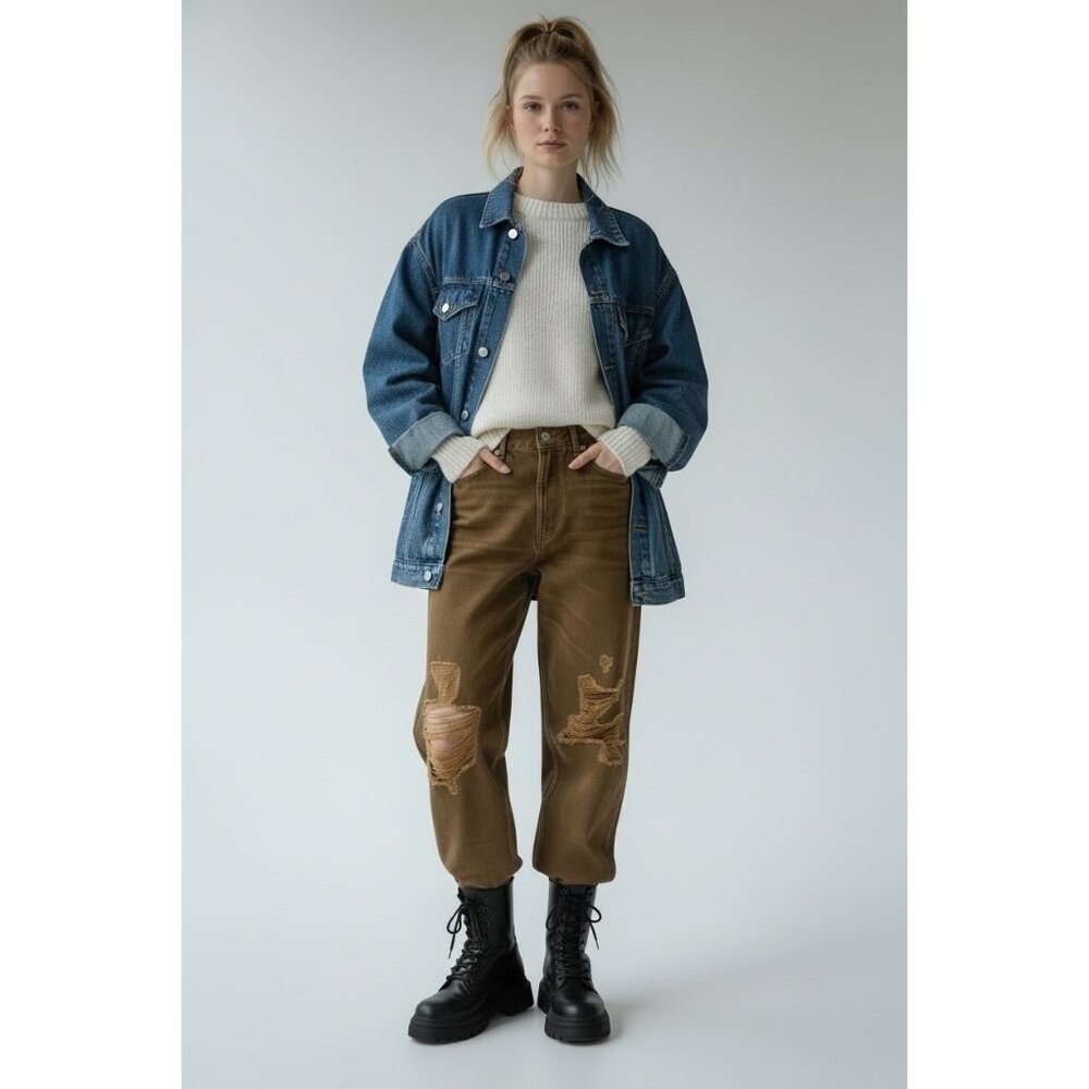 Free People We the Free The Lasso Distressed Straight Leg Jeans Brown NWOT Sz 29